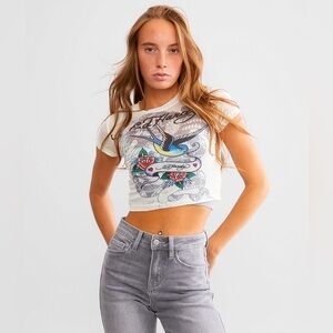 Ed Hardy Cream Sheer Graphic Cropped Tee with Blue & Red Accents